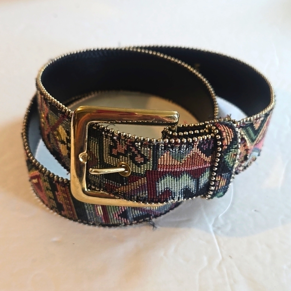 Womens Aztec Artsy Tapestry Multi-Color Metal Nub Belt Gold Buckle Sz.M/L